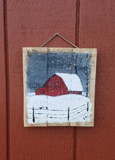 Painted Winter Scenes On Wood, Christmas Paintings On Wood, Barn Wood Art, Wood Paintings, Winter Paintings, Snowy Night, Winter Painting