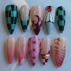 Anime Nail Art Tutorial, Demon Slayer Acrylic Nails, Demon Slayer Nails Tanjiro, Demon Slayer Nail Ideas, Hiphop Nails, Tokyo Ghoul Nails Designs, Inosuke Nails, Douma Nails