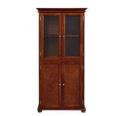 a wooden cabinet with glass doors on the front and bottom shelves, against a white background