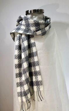 "Beacon Hill - A soft muted grey and white variation of a buffalo plaid scarf with 2 1/2\" fringe.   Classic yet trendy - a perfect all occasion all season scarf.  * 100% acrylic -  * made in Japan - * unisex item # 34 Please note: ALL of my scarves have been carefully hand washed with mild soap, cool water & air dried for pristine clean freshness and are in excellent conditon." Uni Outfit, Buffalo Plaid Scarf, Uni Outfits, Beacon Hill, Mild Soap, Buffalo Plaid, Plaid Scarf, Scarf Wrap, Grey And White