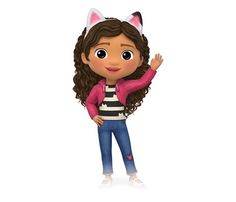 a cartoon girl with long hair wearing a pink cardigan and blue jeans, standing in front of a white background