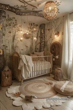 a baby's room is decorated in neutral colors and features an animal theme, including a crib