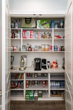 an organized pantry with lots of food and drinks