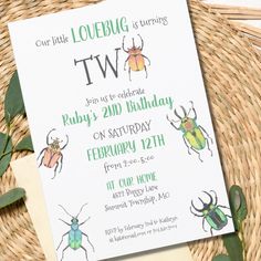 an insect themed birthday party is set up on a wicker basket with greenery