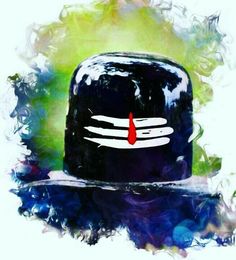 a painting of a black hat with red and white designs on it's brim