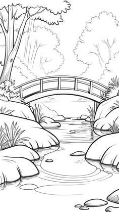 a bridge over a river with rocks and trees in the background coloring page for adults