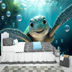 a large turtle swimming in the ocean with bubbles on it's back wall mural