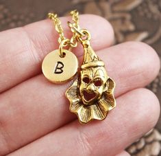 Clown Necklace, Initial Necklace, Clown Pendant Jewelry, Circus Pendant Necklace, Clown Charm Neckla Necklace Initial, Monogram Necklace, Letter Charms, Personalized Monogram, Necklace Personalized, Brass Chain, Ball Chain, Initial Necklace, Hand Stamped