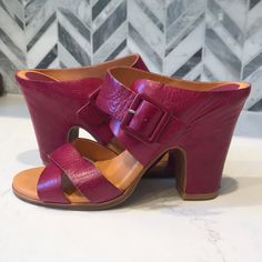 Kork Ease Magenta Pink Rasberry Leather Wrapped Heel Sandals With Buckle. New Without Tags, From Anthropologie. Approximately 4.5” Anthropologie Free People Urban Outfitters Madewell Lucky Brand Jeffrey Campbell Zara J. Crew H & M Modern Boho Vintage Bohemian Purple Leather Block Heels, Purple Open Heel Heels With Buckle Closure, Elegant Purple Sandals With Buckle Closure, Pink Leather Mules With Block Heel, Formal Purple Leather Sandals, Purple Block Heels With Stacked Heel, Purple Stacked Heel Heels For Spring, Spring Purple Heels With Stacked Heel, Purple Heels With Stacked Block Heel