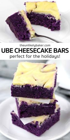 purple cheesecake bars are stacked on top of each other with the words, ube cheesecake bars perfect for the holidays