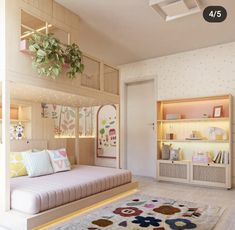 a room with a bed, shelves and rugs on the floor in front of it