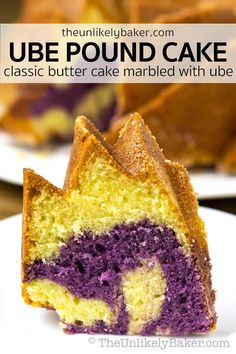 a close up of a slice of cake on a plate with the words, ube pound cake