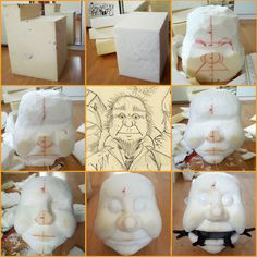 several pictures of different faces made out of paper machs, including one with the letter s on it