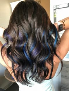 Purple Blue Highlights Black Hair, Brunette Colored Highlights, Colorful Hair Highlights Ideas, Blue And Purple Hair Highlights Brunettes, Colourful Hair Highlights, Balayage With Pops Of Color, Blue Under Highlights, Dark Hair Pop Of Color Ideas, Subtle Fun Colors In Hair