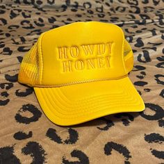 “Howdy Honey” Yellow Trucker Hat. From American Honey Salon. Never Worn/ Brand New Condition. No Tags. Trendy Yellow Snapback Hat, Vintage Yellow Baseball Cap Trucker Hat, Retro Yellow Trucker Hat With Curved Brim, Yellow Retro Trucker Hat, Yellow Vintage Trucker Hat, Vintage Yellow Trucker Baseball Cap, Retro Yellow Curved Brim Trucker Hat, Retro Yellow Trucker Hat, Vintage Yellow Trucker Hat