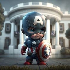 a little boy dressed as captain america standing in front of a white house