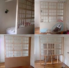 three pictures of the inside of a room with glass doors and wood flooring in it