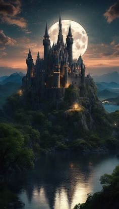 an image of a castle that is on top of a hill in the night time