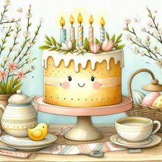 a birthday cake with candles on it sitting next to teacups and other items