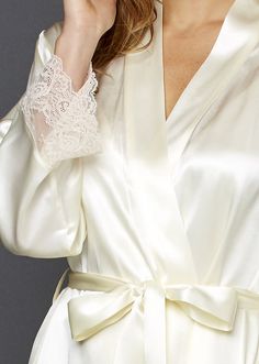 Tivoli Allura Silk Robe | Julianna Rae Elegant Fitted Wrap Kimono, Elegant Fitted Wrap Robe, Silk Fitted Robe For Wedding Night, Elegant Lace Wedding Robe, Elegant Silk Robe For Loungewear, Elegant Satin Finish Robe For Loungewear, Cream Long Sleeve Robe For Wedding Night, Long Sleeve Cream Robe For Wedding Night, Elegant Long Fitted Robe