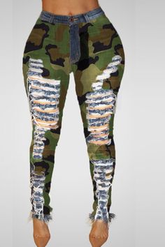 Lovely Casual Broken Holes Camouflage Printed Jeans_Jeans_Bottoms_LovelyWholesale | Wholesale Shoes,Wholesale Clothing, Cheap Clothes,Cheap Shoes Online. - LovelyWholesale.com Goth Attire, Wrapped Pickles, Rip Jeans, Denim Style Casual, Clothes Hacks, Country Things, Cheap Shoes Online, Woman Dresses, Camo Fashion