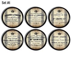 six coasters with the names of four different types of liquor bottles on each one