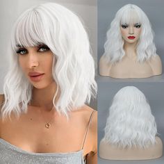 PRICES MAY VARY. White Wigs for Women,Short Wavy White Wig with bangs,white short bob wig with bangs, looks more natural and fluffy. White Wig with bangs is made of high quality synthetic heat resistant fiber which is the best fiber material for wig. Short White Wigs for Women Length:13.5"-14" from top to end,Cap Size: 21-23 Inches with 2 Adjustable Straps. All White Wigs will shed slightly especially when you wear for the first time, which is normal. White wavy bob Wig color may vary slightly d White Wig With Bangs, Wigs Shoulder Length, White Wigs, White Wig, Short Wavy Bob, Wavy Bob, Wig Color, Wig Short, Wavy Wig