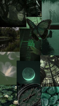 a collage of images with a clock, water and trees in the background at night