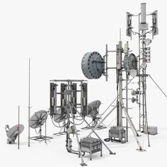 an array of different types of electronic equipment on a white background, including antennas and wires