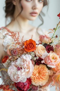 a woman holding a bouquet of flowers in her hands