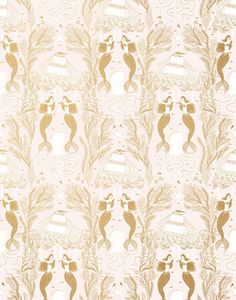 a gold and white wallpaper with mermaids on it