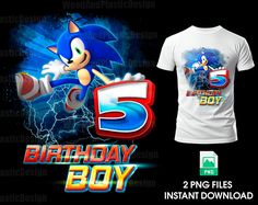 an image of the birthday boy shirt with sonic and his number five on it, in front of a black background