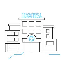 a hospital building with the word hospital on it's front and bottom half outlined in blue