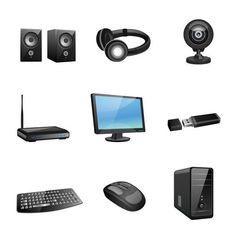 there are many different types of electronic devices on this white background, including computer equipment