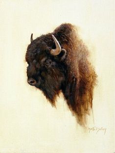 a painting of a bison with long horns and brown fur on it's head