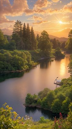 the sun is setting over a lake surrounded by green trees and bushes, with a boat in the water