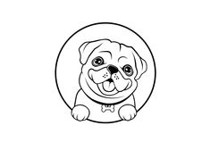 a black and white drawing of a pug sitting in a circle with its tongue out