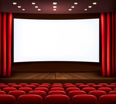 an empty theater with red curtains and seats in front of a large screen on the wall