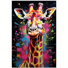 a painting of a giraffe with colorful paint splatters on it's face