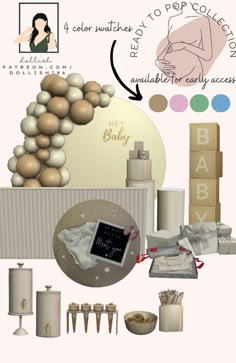 the contents of a baby shower are shown in this graphic style, including bottles, soaps and other items