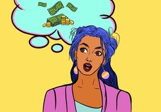 a woman with blue hair has an empty thought bubble above her head that says money