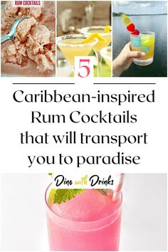 Collage of 4 tropical rum cocktails. Paradise Cocktail Recipe, Tropical Rum Cocktails, Rum Tiki Cocktails, Rum Sunset Cocktail, Bumbu Rum Cocktails Recipes