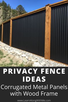 Shows an impressive privacy fence made of black corrugated metal panels in a solid wooden frame.  The fence posts on this privacy fence were big - I think they were 6"x6" posts. 
This is just one of the 19 awesome Privacy Fence Ideas featured in this article. Best Privacy Fence, Privacy Fence Landscaping, Privacy Fence Ideas, Christmas Balcony, Ideas For Backyard, Apartment Christmas, Apartment Modern