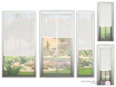 three windows with white blinds in front of them and plants on the window sill