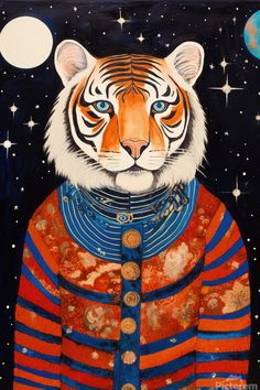 a painting of a tiger wearing a red and blue striped jacket with stars in the background