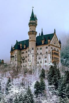 an old castle is surrounded by trees and snow