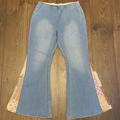 Nwot. Denim Brand Flare Leg Jeans. Elastic Waist. Light Wash. Split Denim Hem With Orange, Yellow, Brown, Ivory, And Red Patchwork At The Flare. Size 10 Petite. High Waisted. Flare Leg Jeans, Denim Branding, Orange Yellow, Denim Women, Blue Orange, Flare Jeans, Leg Jeans, Elastic Waist, Split