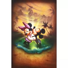 an image of mickey and minnie mouse on the beach with palm trees in the background