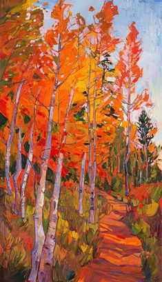 an oil painting of trees with orange and yellow leaves in the fall, along a dirt path