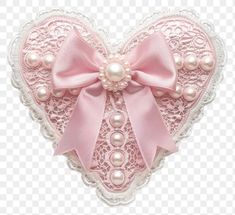 a pink heart with pearls and a bow on it's side, transparent background